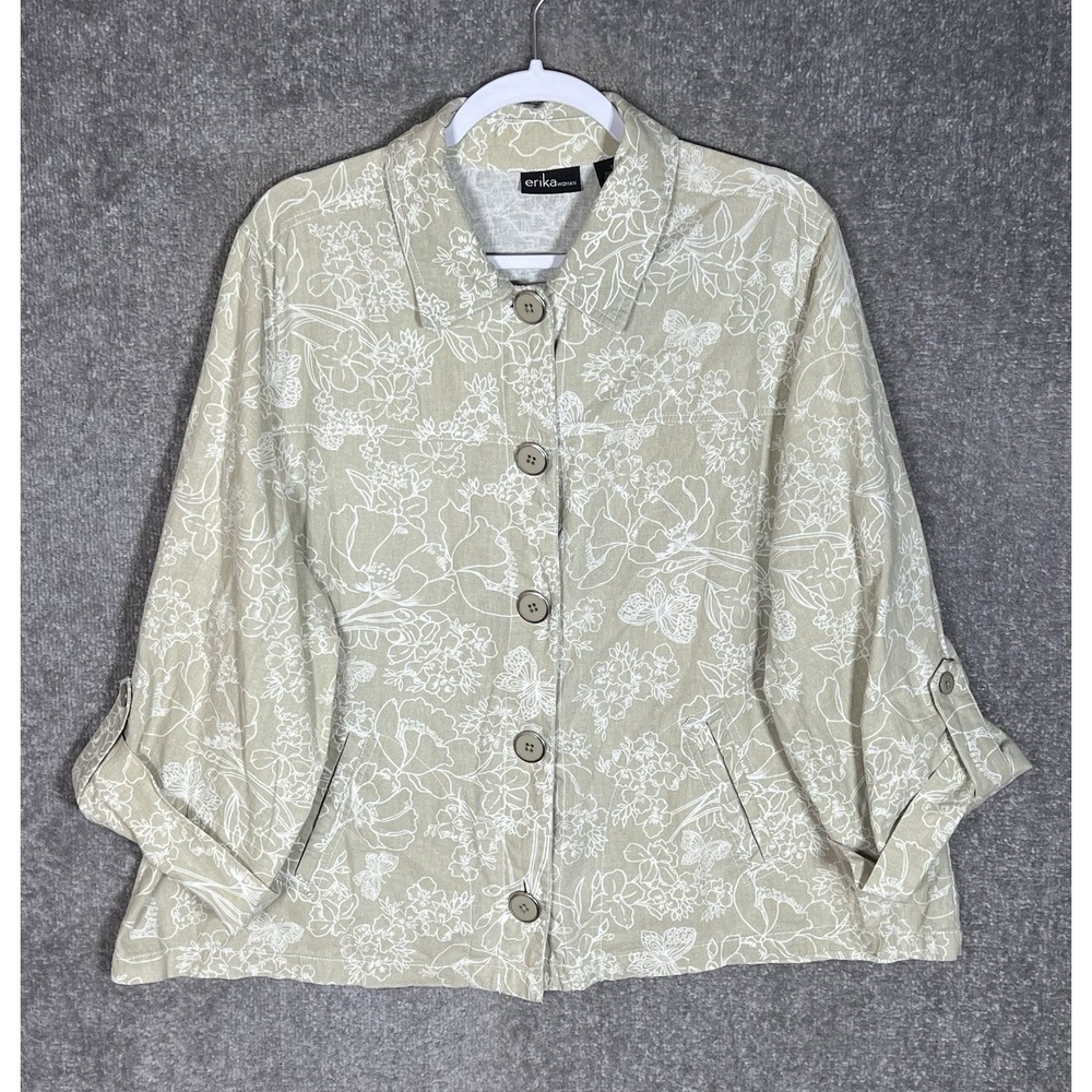 Erika Linen Blend Button Up Top Womens Size 1X Green Floral Butterfly Pockets